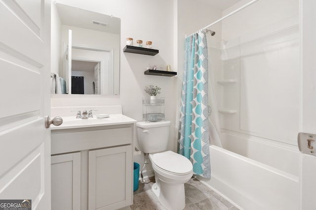 full bathroom featuring vanity, toilet, and shower / bath combination with curtain