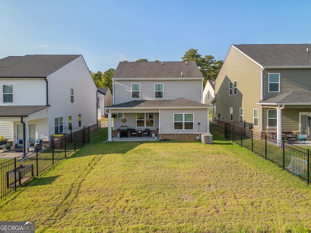 back of house with a lawn, a patio area, an outdoor hangout area, and central air condition unit