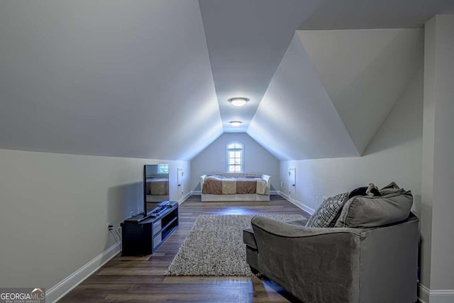 living room with dark wood-type flooring and lofted ceiling