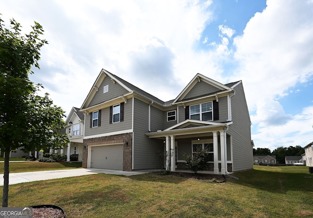 craftsman-style house featuring a garage, a front yard, and a porch