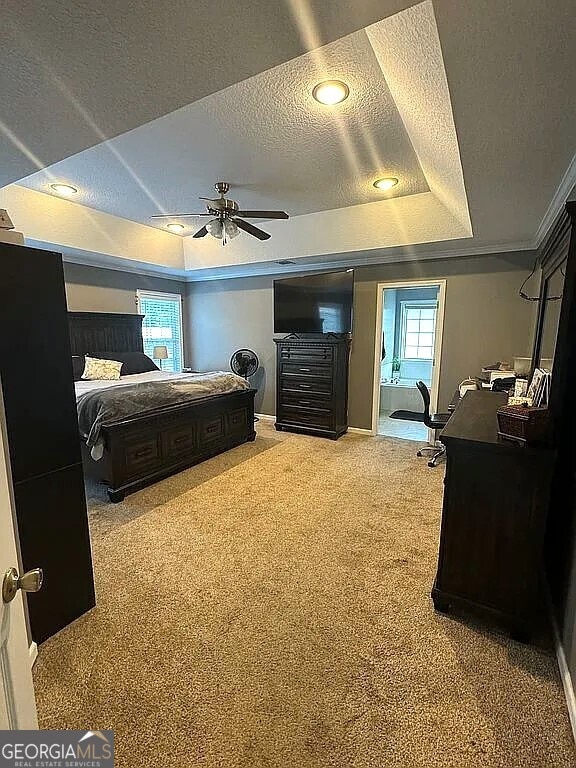 bedroom with multiple windows, carpet flooring, a raised ceiling, and ceiling fan