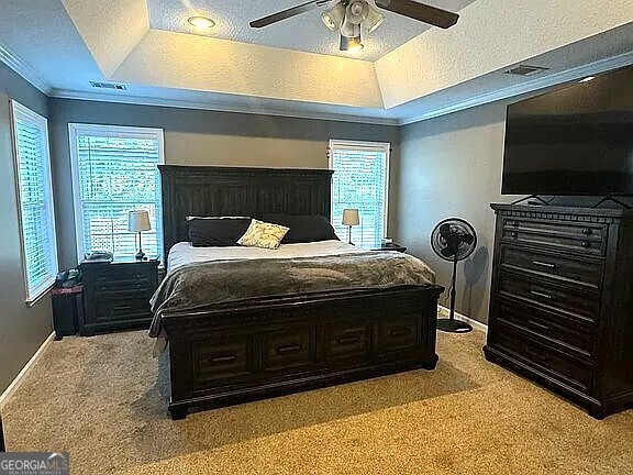 carpeted bedroom with a tray ceiling, ceiling fan, and a textured ceiling