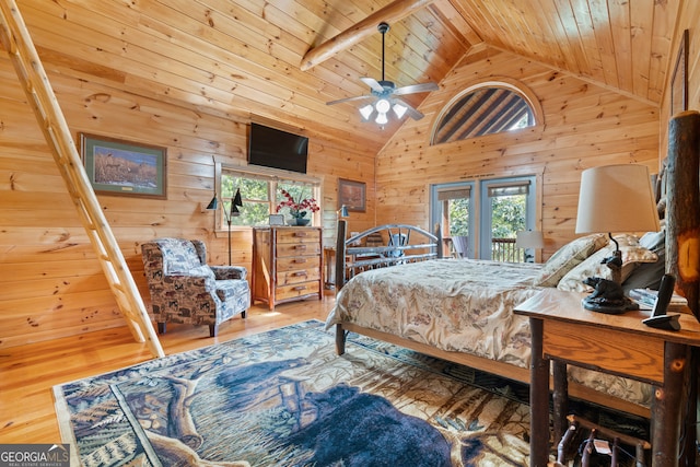 bedroom featuring wooden ceiling, hardwood / wood-style floors, french doors, ceiling fan, and wooden walls