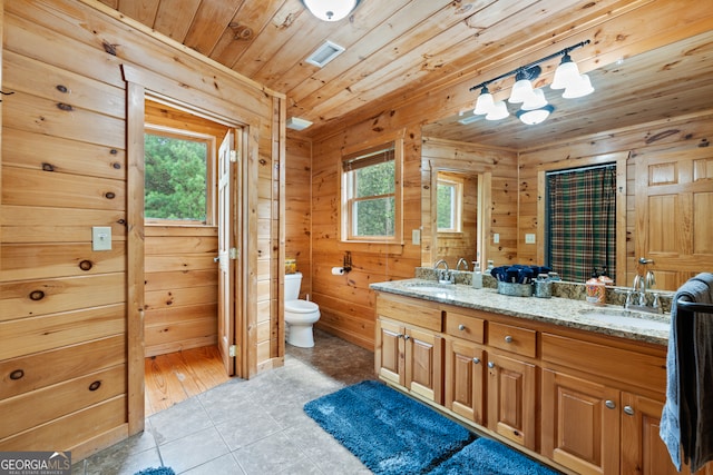 bathroom featuring toilet, wooden walls, tile patterned flooring, vanity, and wood ceiling