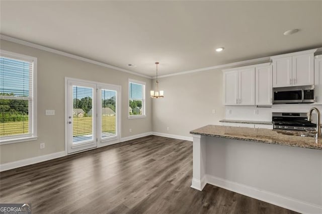 kitchen with white cabinets, an inviting chandelier, stainless steel appliances, stone countertops, and dark wood-type flooring