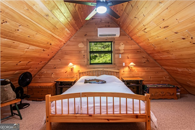 unfurnished bedroom with wood ceiling, a wall unit AC, carpet, and vaulted ceiling