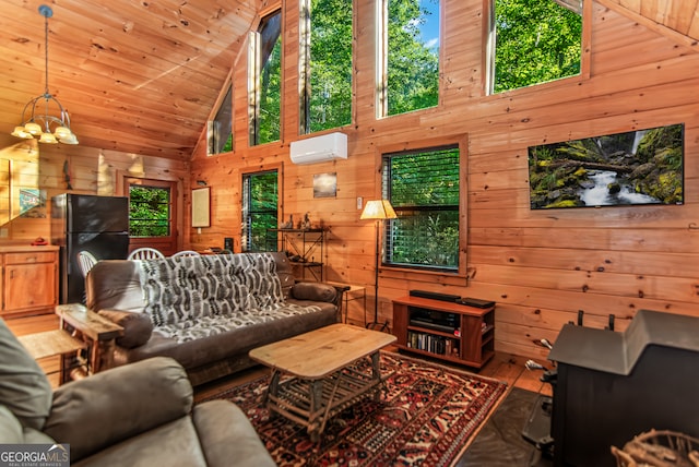 living room with wood walls, high vaulted ceiling, and wood ceiling