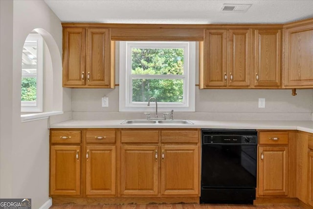 kitchen featuring black dishwasher, sink, and light wood-type flooring