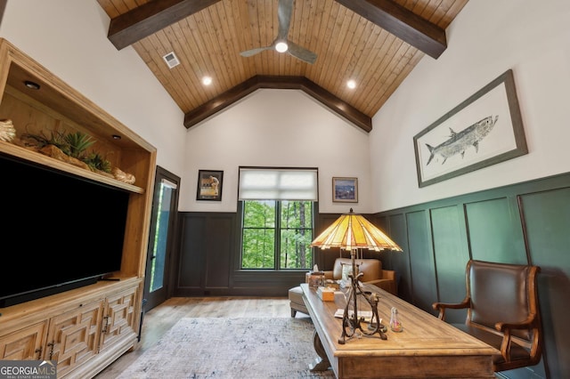 interior space with beam ceiling, light hardwood / wood-style flooring, high vaulted ceiling, ceiling fan, and wooden ceiling