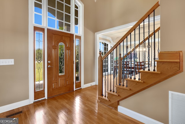 foyer with a healthy amount of sunlight, a high ceiling, and wood-type flooring