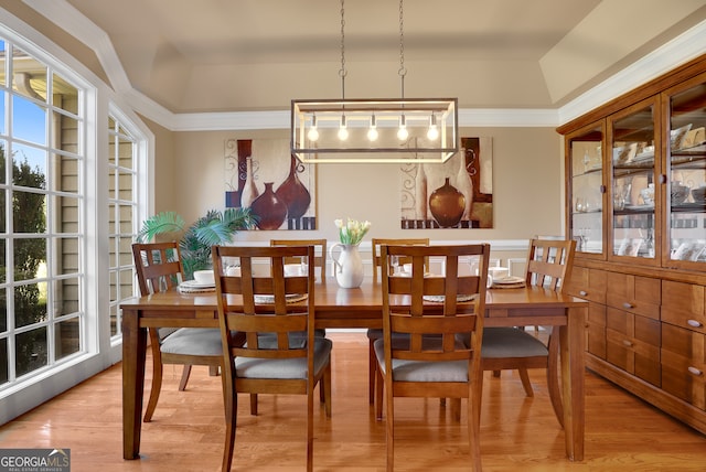 dining area with a wealth of natural light, light wood-type flooring, and a tray ceiling