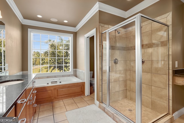 full bathroom featuring toilet, separate shower and tub, tile patterned flooring, ornamental molding, and vanity