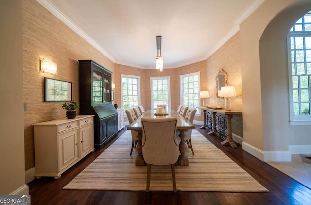 dining room featuring ornamental molding and dark wood-type flooring