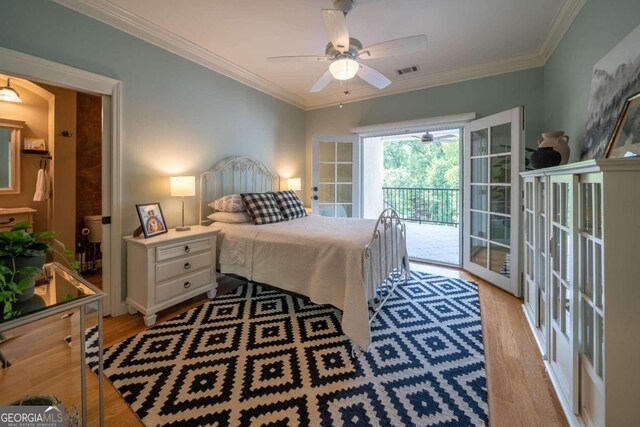 bedroom featuring crown molding, light hardwood / wood-style flooring, french doors, access to outside, and ceiling fan