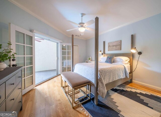 bedroom with ceiling fan, ornamental molding, light wood-type flooring, and access to outside