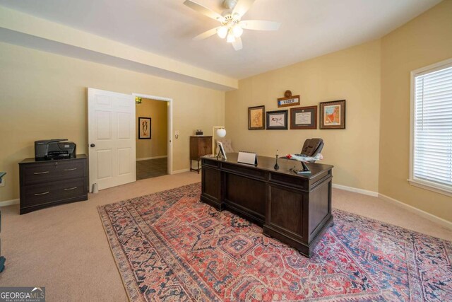 carpeted office space featuring ceiling fan