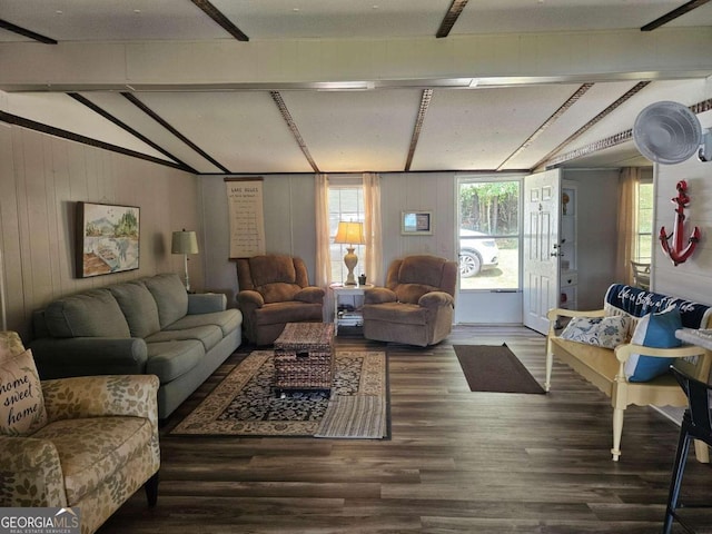 living room featuring dark wood-type flooring, wood walls, and vaulted ceiling