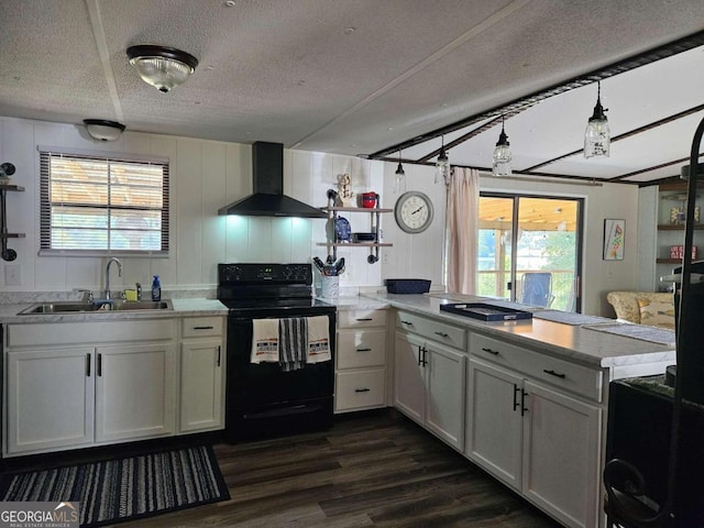 kitchen with a textured ceiling, black electric range, sink, dark hardwood / wood-style floors, and wall chimney range hood