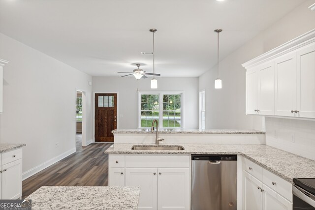 kitchen with white cabinets, ceiling fan, stainless steel dishwasher, and sink