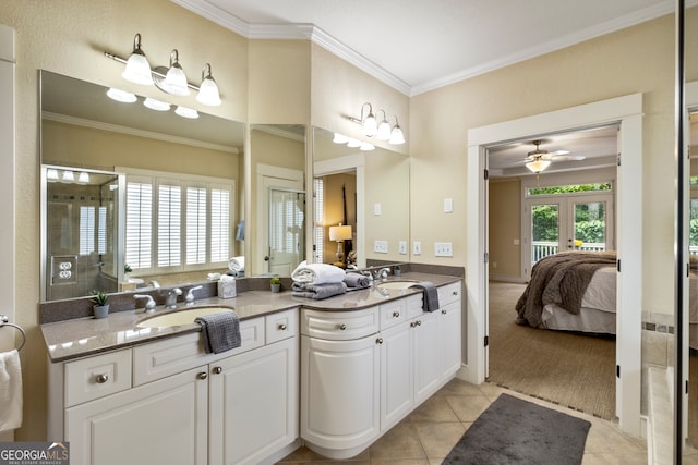 bathroom featuring ornamental molding, tile patterned flooring, vanity, and ceiling fan