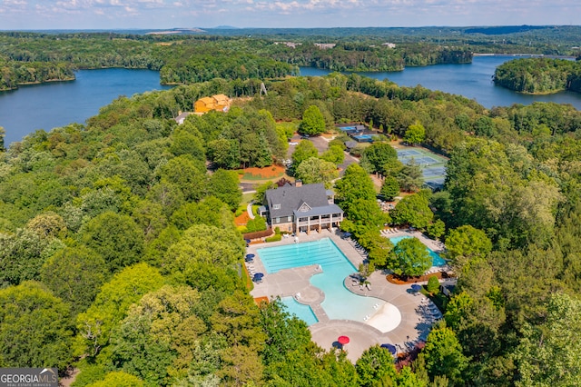 aerial view featuring a water view