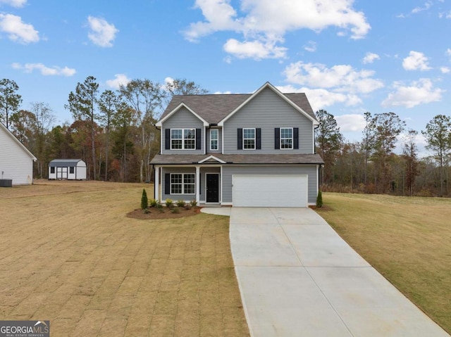 32 Joseph Ln, Hartwell, GA 30643 - traditional-style house with concrete driveway, a front yard, an attached garage, and a storage shed