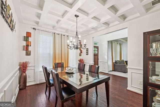 dining room featuring dark wood-type flooring, coffered ceiling, an inviting chandelier, and beamed ceiling