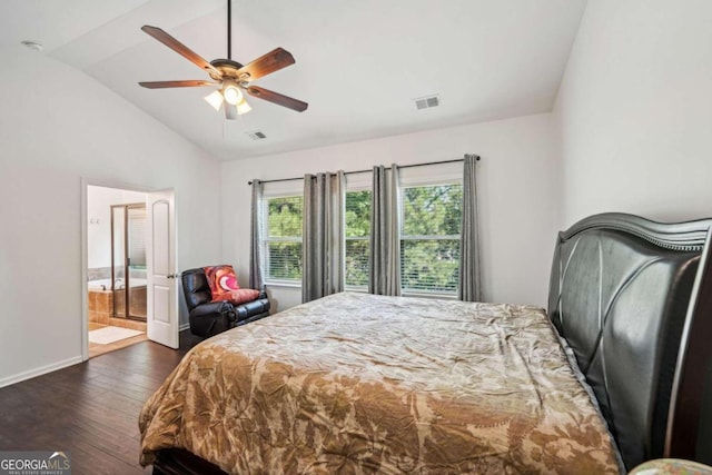 bedroom featuring lofted ceiling, ensuite bathroom, ceiling fan, and dark hardwood / wood-style floors