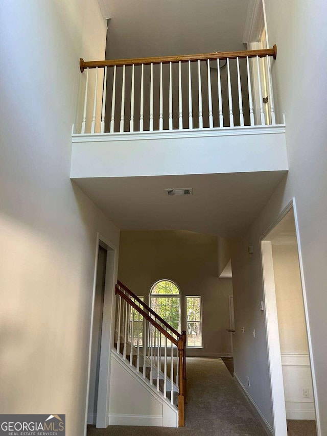 stairway featuring a high ceiling and carpet flooring