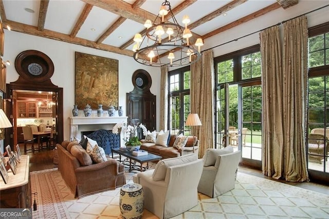 interior space featuring hardwood / wood-style flooring, a chandelier, and vaulted ceiling with beams