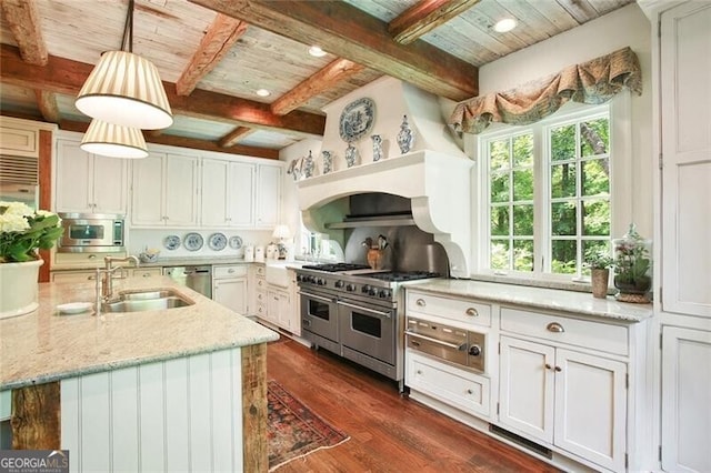 kitchen featuring wood ceiling, stainless steel appliances, sink, and dark hardwood / wood-style floors