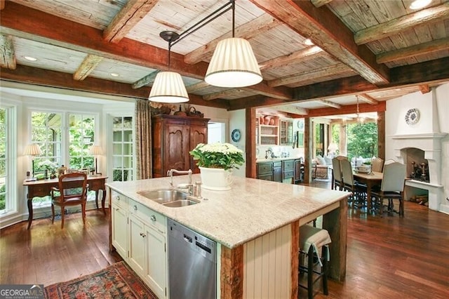 kitchen with dishwasher, plenty of natural light, a center island with sink, and dark hardwood / wood-style floors