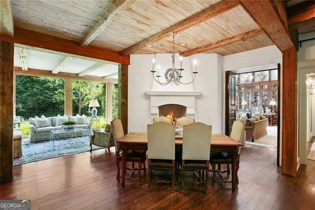 dining room featuring wooden ceiling, a healthy amount of sunlight, a chandelier, and dark hardwood / wood-style floors