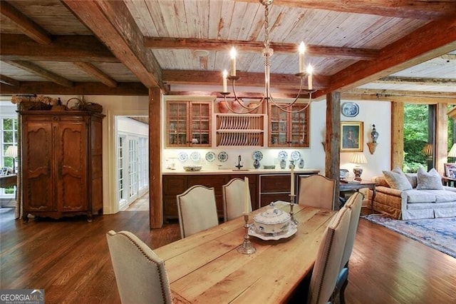 dining space with wood ceiling, dark hardwood / wood-style flooring, and a notable chandelier