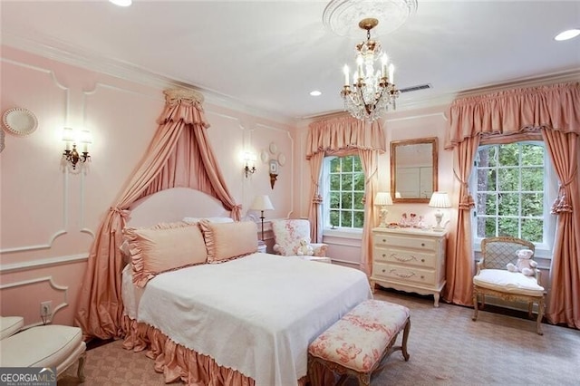 carpeted bedroom featuring ornamental molding, multiple windows, and an inviting chandelier