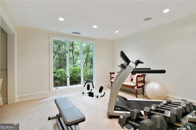 workout room featuring ornamental molding and light colored carpet