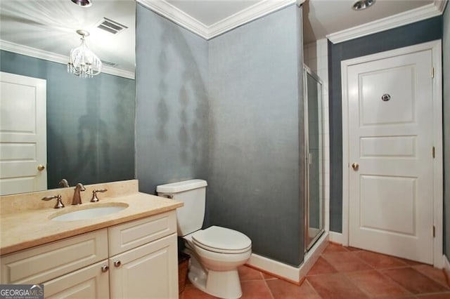 bathroom with tile patterned flooring, walk in shower, toilet, vanity, and ornamental molding