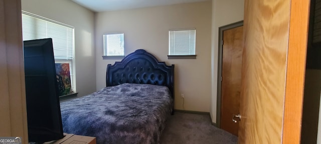 bedroom with dark carpet