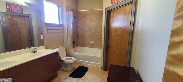 full bathroom with vanity, toilet, shower / bath combination with curtain, and tile patterned floors