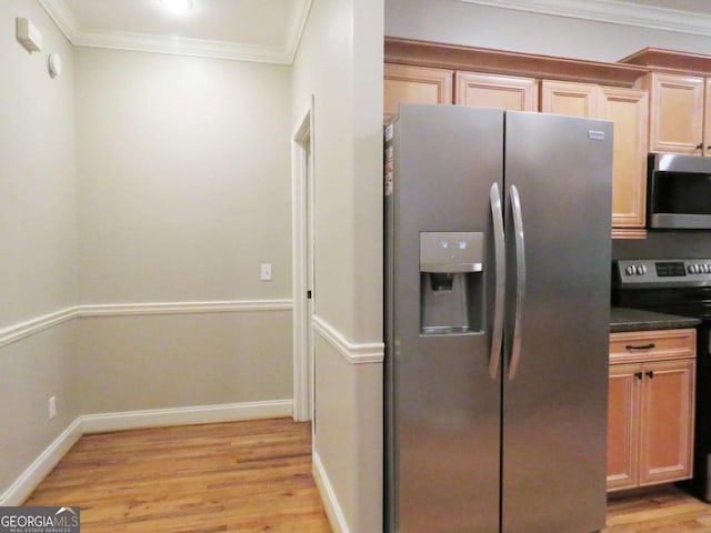 kitchen featuring light brown cabinetry, crown molding, light hardwood / wood-style flooring, and stainless steel appliances