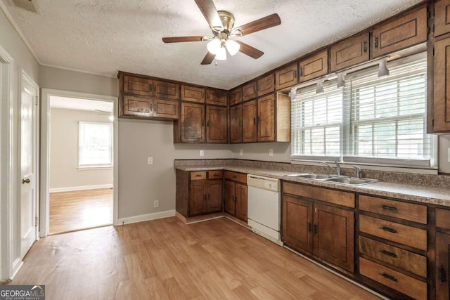 kitchen featuring a textured ceiling, light hardwood / wood-style flooring, a wealth of natural light, dishwasher, and ceiling fan