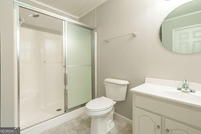 bathroom with toilet, an enclosed shower, tile patterned flooring, crown molding, and vanity