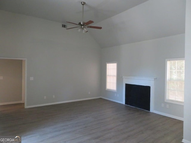 unfurnished living room featuring visible vents, high vaulted ceiling, a ceiling fan, wood finished floors, and a fireplace