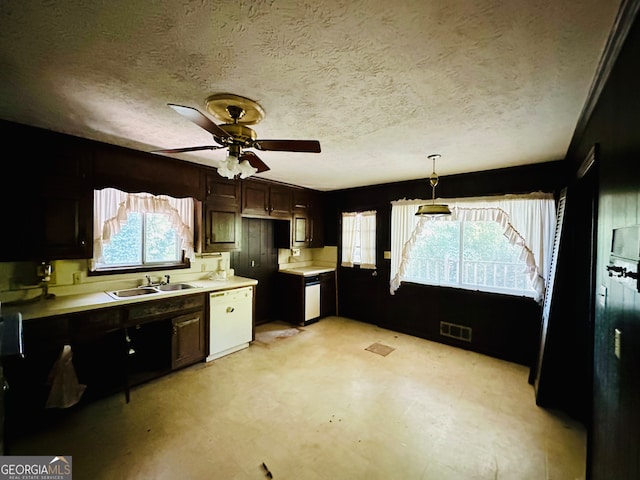 kitchen featuring white dishwasher, decorative light fixtures, sink, ceiling fan, and a textured ceiling