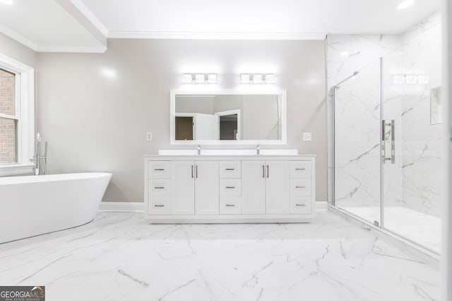 bathroom with ornamental molding, vanity, and shower with separate bathtub