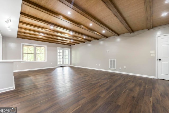 unfurnished room with wood ceiling, dark wood-type flooring, beamed ceiling, and french doors