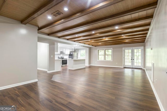 unfurnished living room with wood ceiling, beamed ceiling, french doors, and dark wood-type flooring