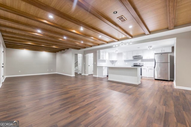 unfurnished living room featuring wooden ceiling, beamed ceiling, and dark hardwood / wood-style floors