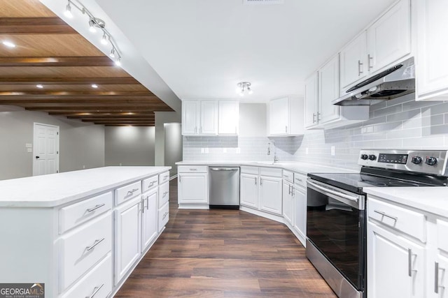 kitchen featuring dark hardwood / wood-style floors, appliances with stainless steel finishes, sink, decorative backsplash, and white cabinetry