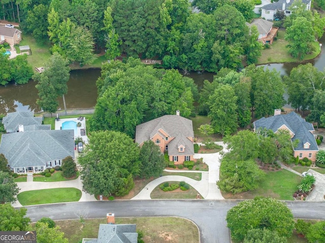 aerial view featuring a water view